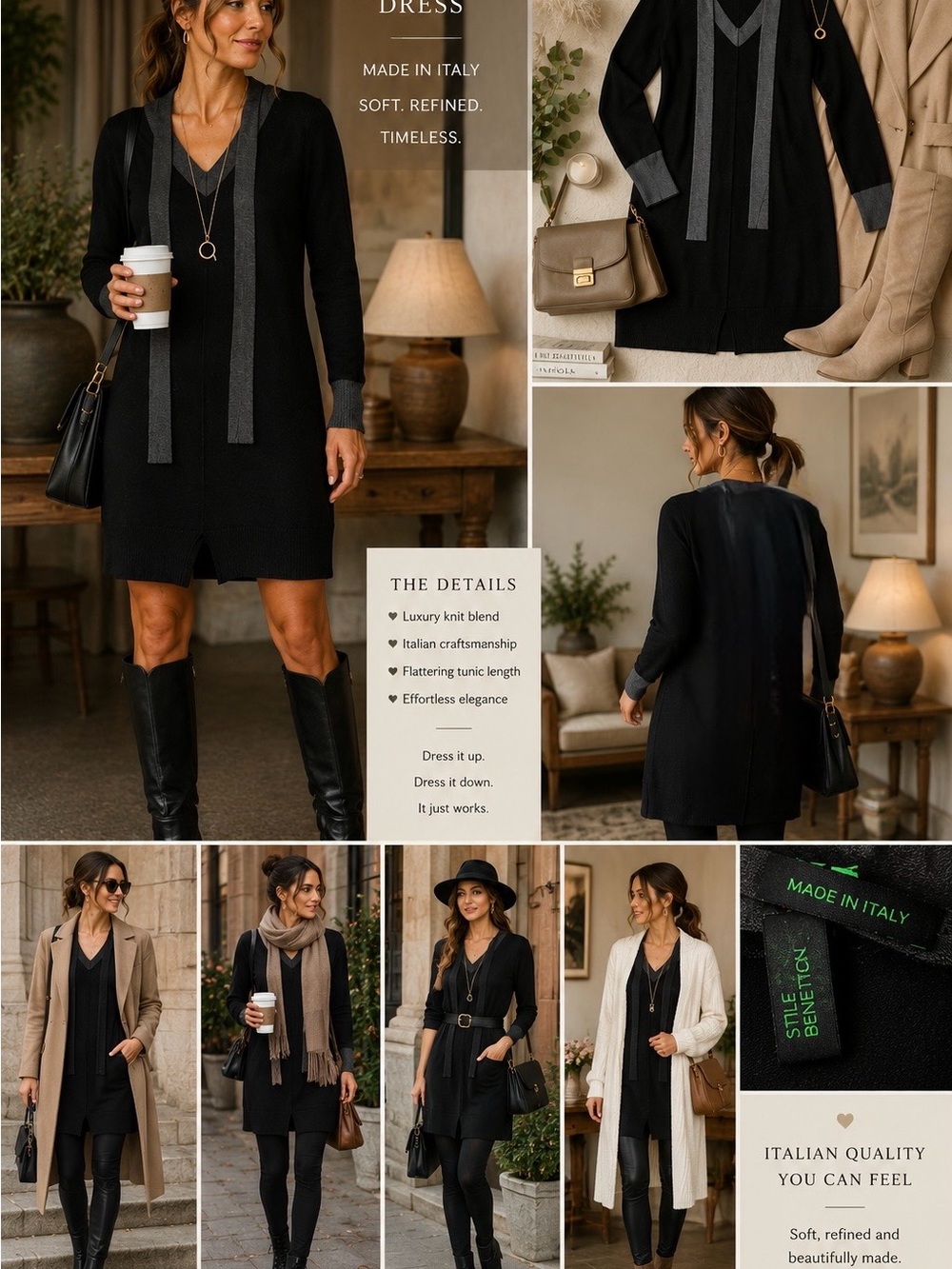 United Colors Of Benetton Black V-Neck Tunic Dress with Gray Trim